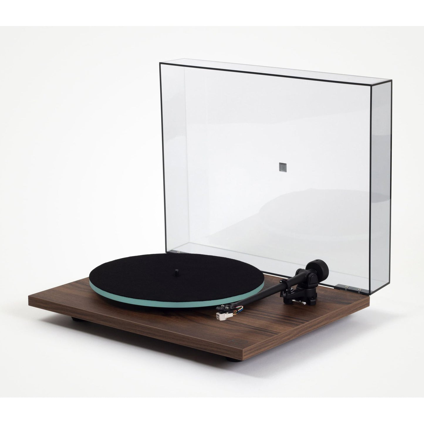 Turntable with clear dust cover on a white background