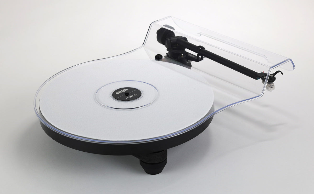 Side view of Rega Replay Turntable with clear lid on
