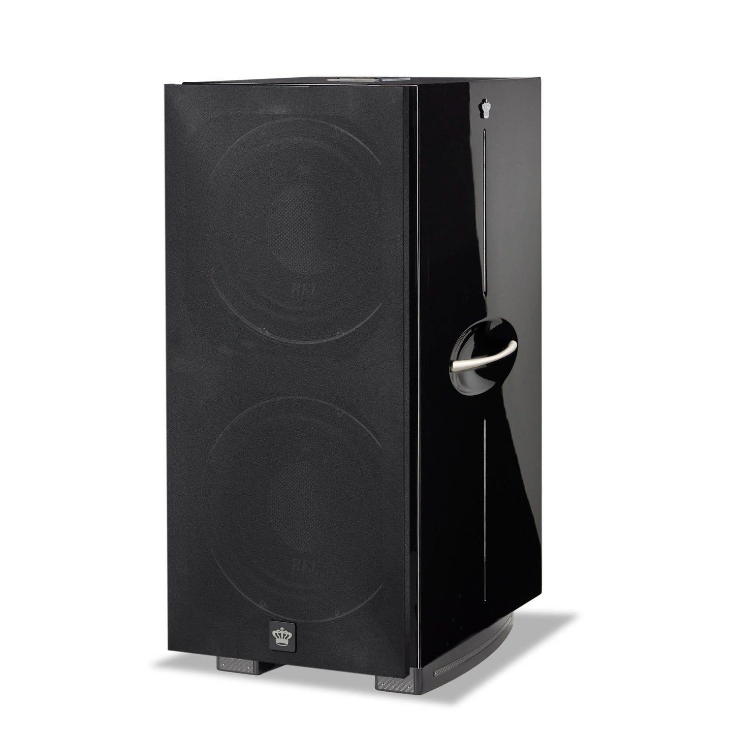 Angle view of REL 212 Black Label Subwoofer with cloth grille