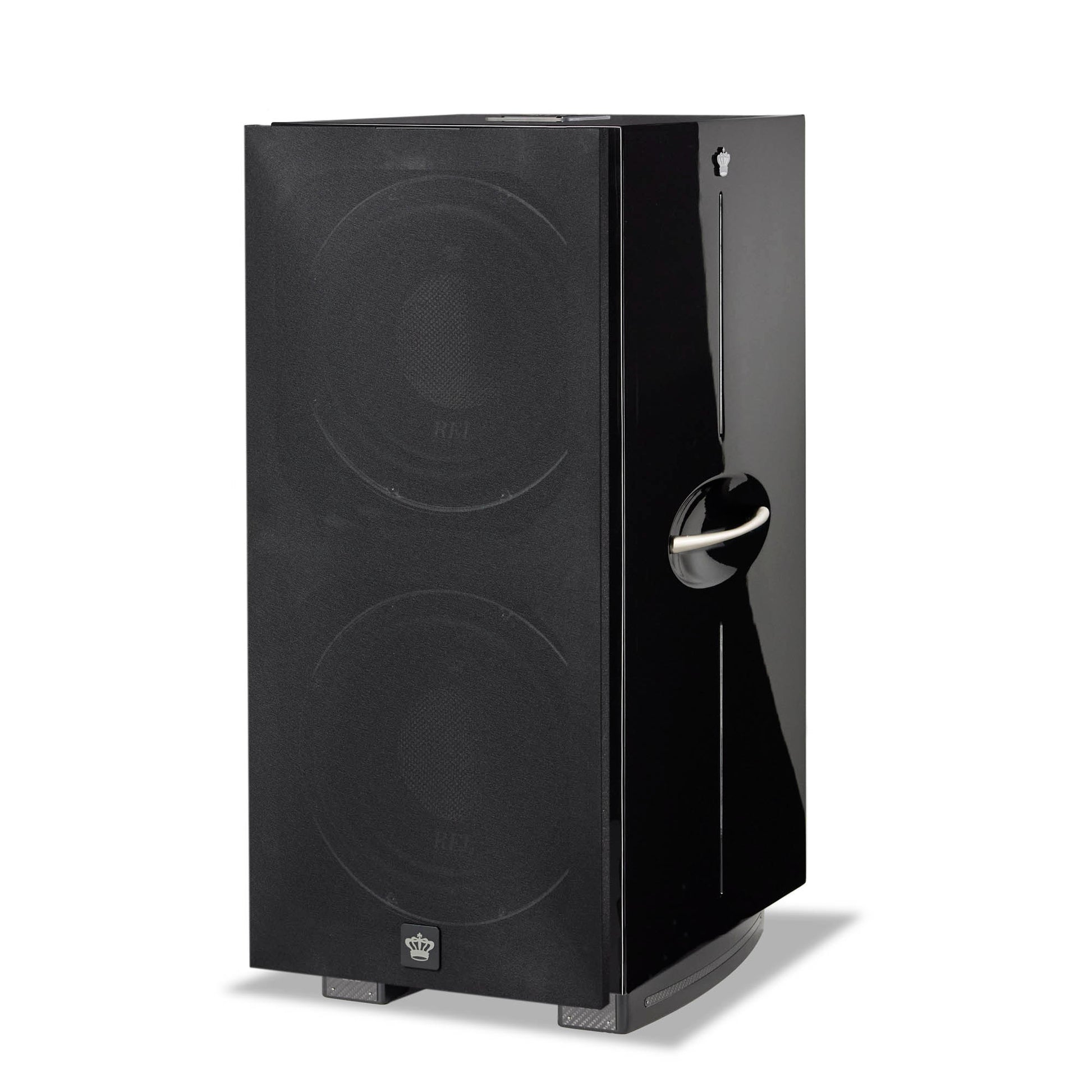Angle view of REL 212 Black Label Subwoofer with cloth grille