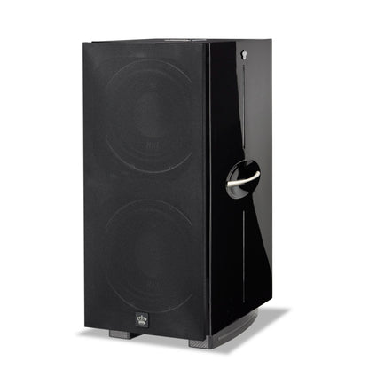 Angle view of REL 212 Black Label Subwoofer with cloth grille