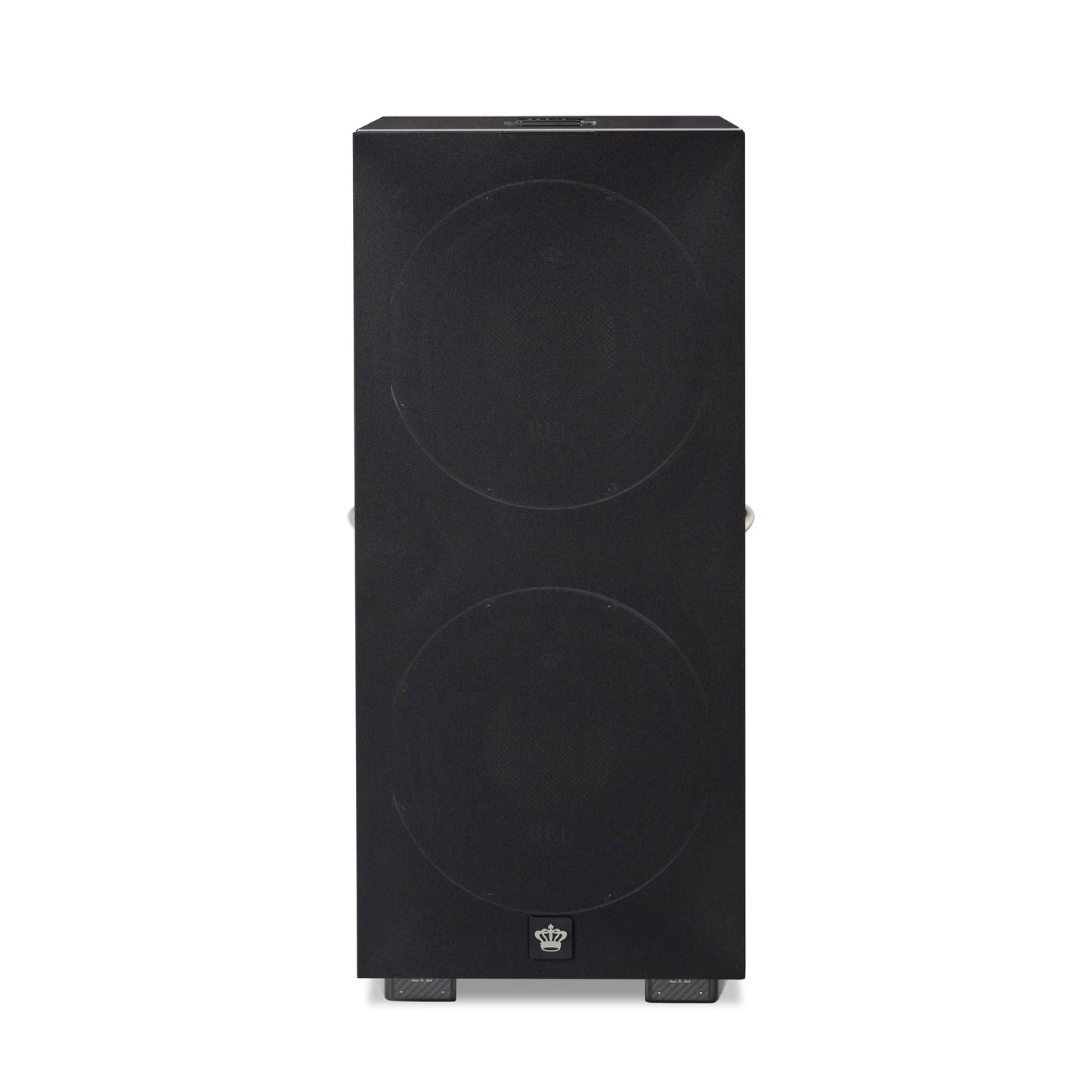 Front view of REL 212 Black Label Subwoofer with cloth grille