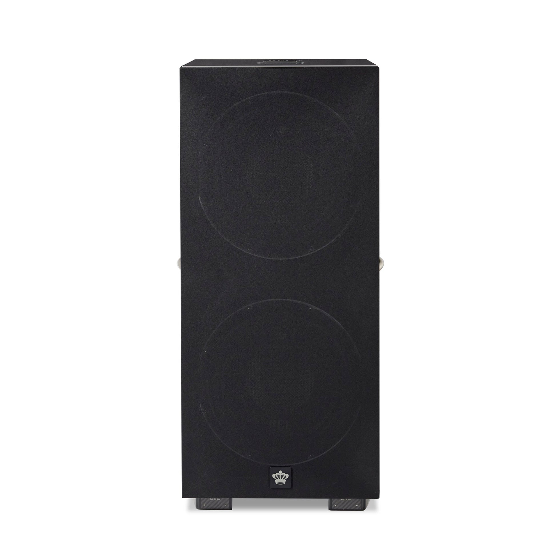 Front view of REL 212 Black Label Subwoofer with cloth grille