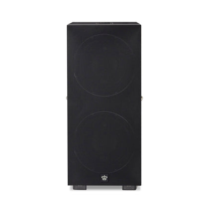 Front view of REL 212 Black Label Subwoofer with cloth grille