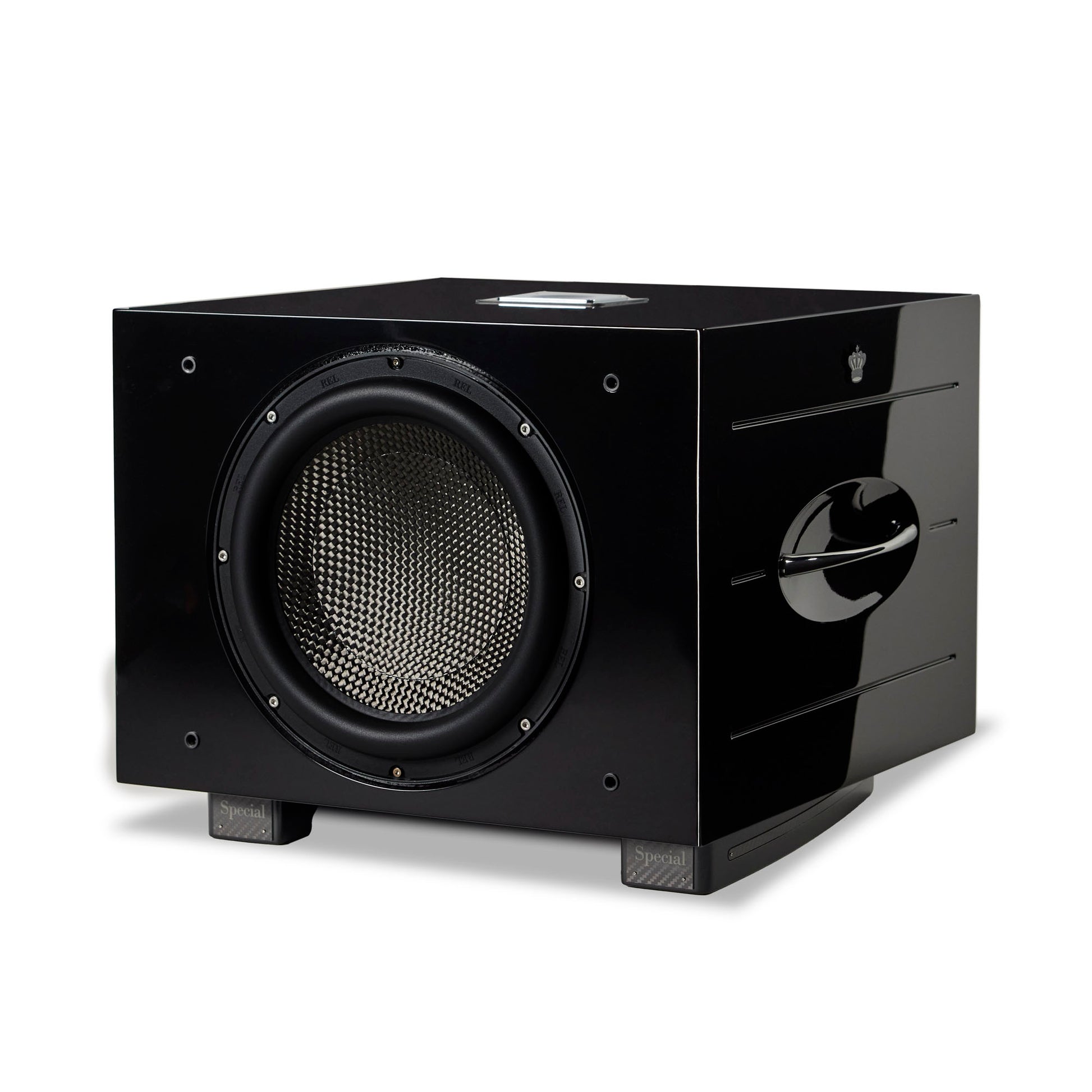 Angle view of REL Carbon Special Black Label Subwoofer