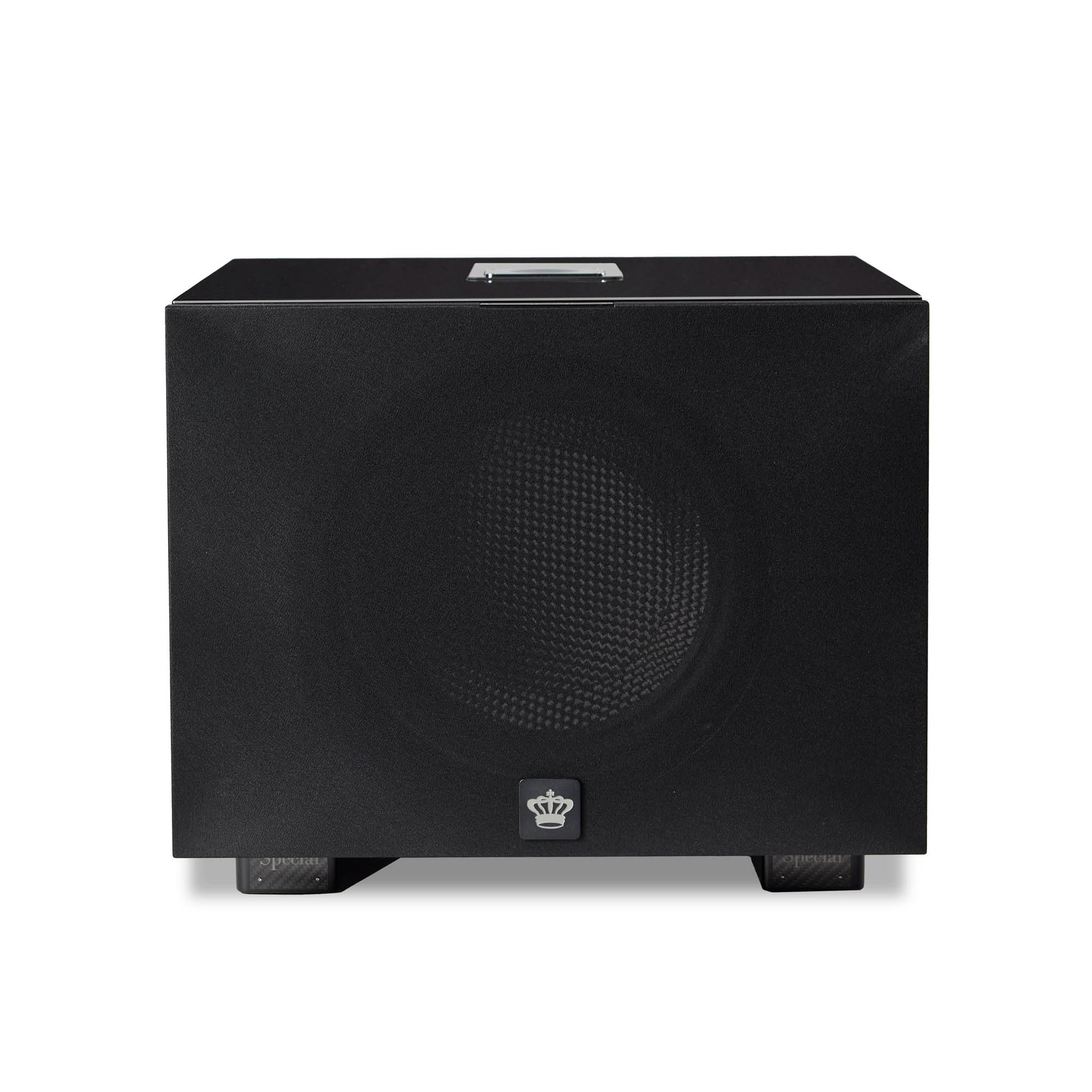 Front of REL Carbon Special Black Label Subwoofer with cloth grille