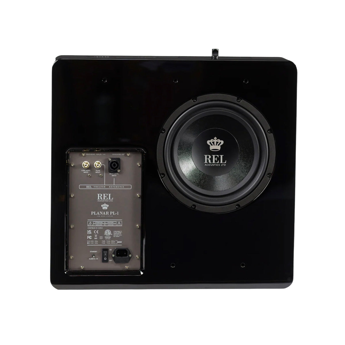 Back of black REL Planar PL-1 Powered Subwoofer