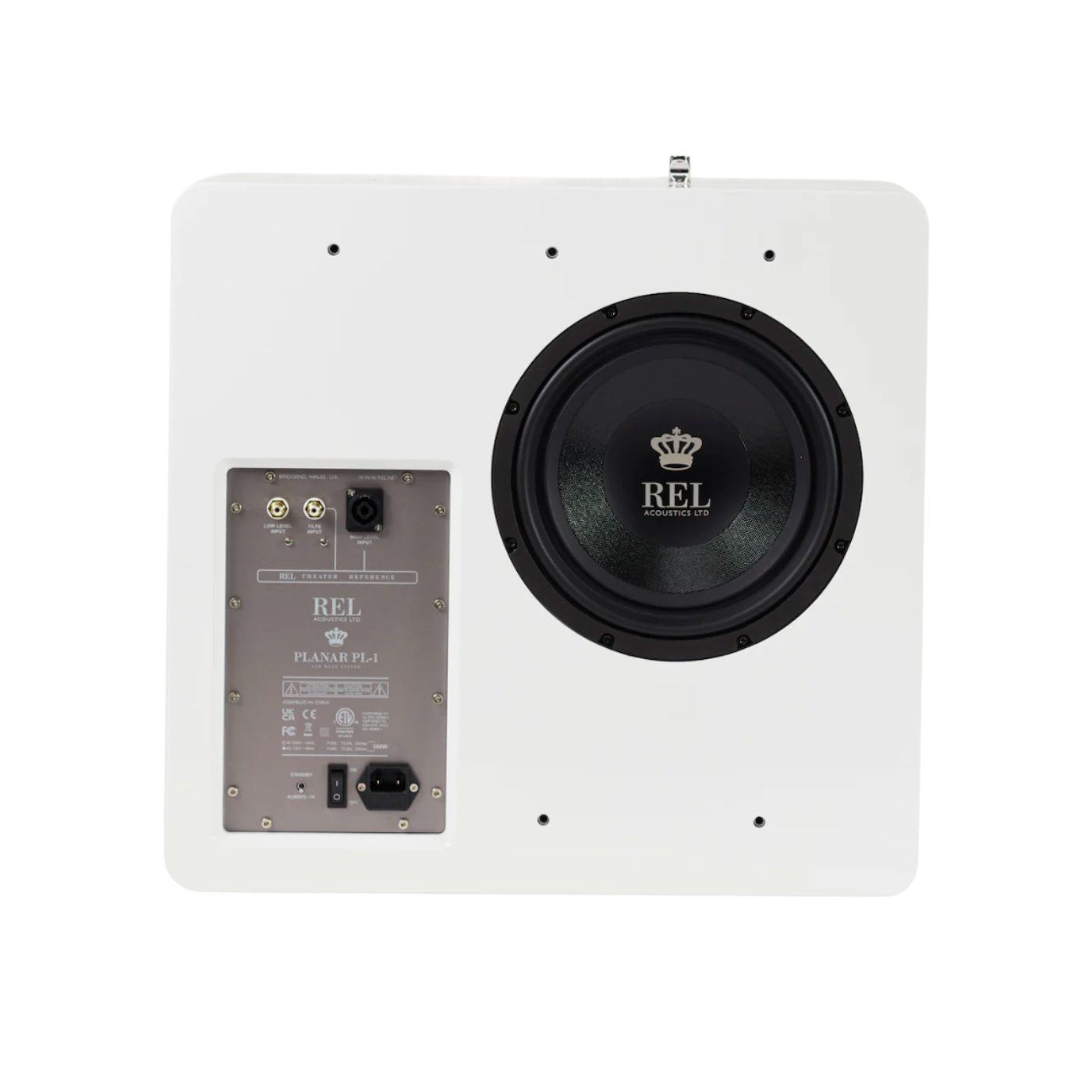 Back of white REL Planar PL-1 Powered Subwoofer