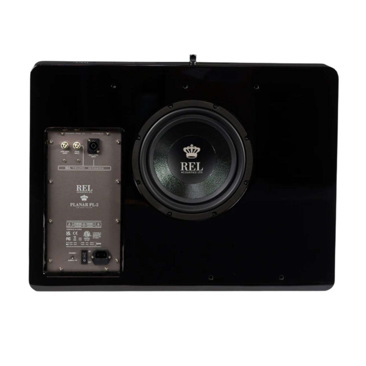 Back view of black REL Planar PL-2 Powered Subwoofer