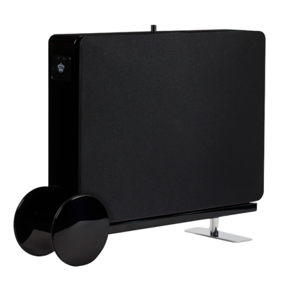 Angle of black REL Planar PL-2 Powered Subwoofer with wheel attached
