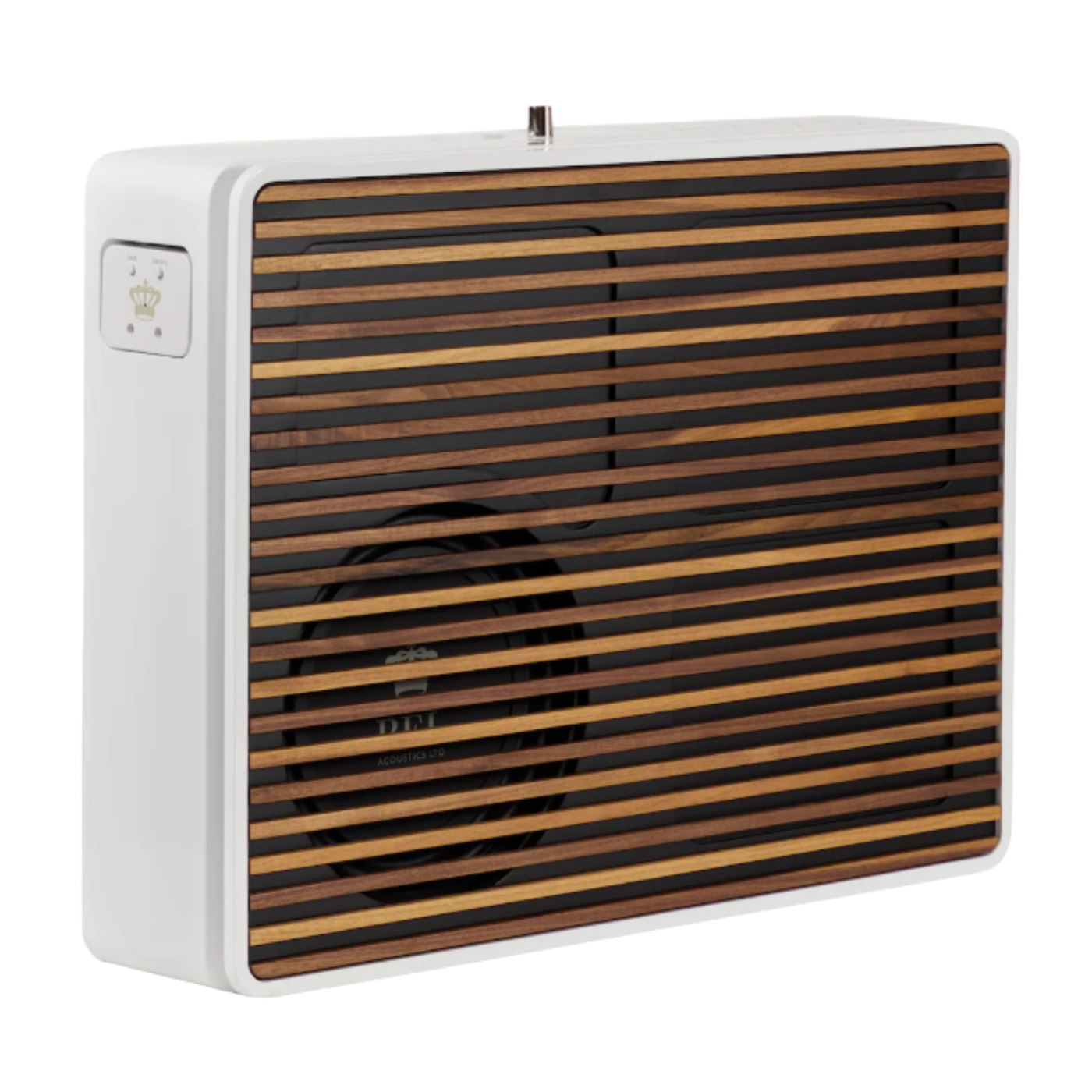 Angle view of white REL Planar PL-2 Powered Subwoofer with timber grille