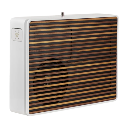 Angle view of white REL Planar PL-2 Powered Subwoofer with timber grille
