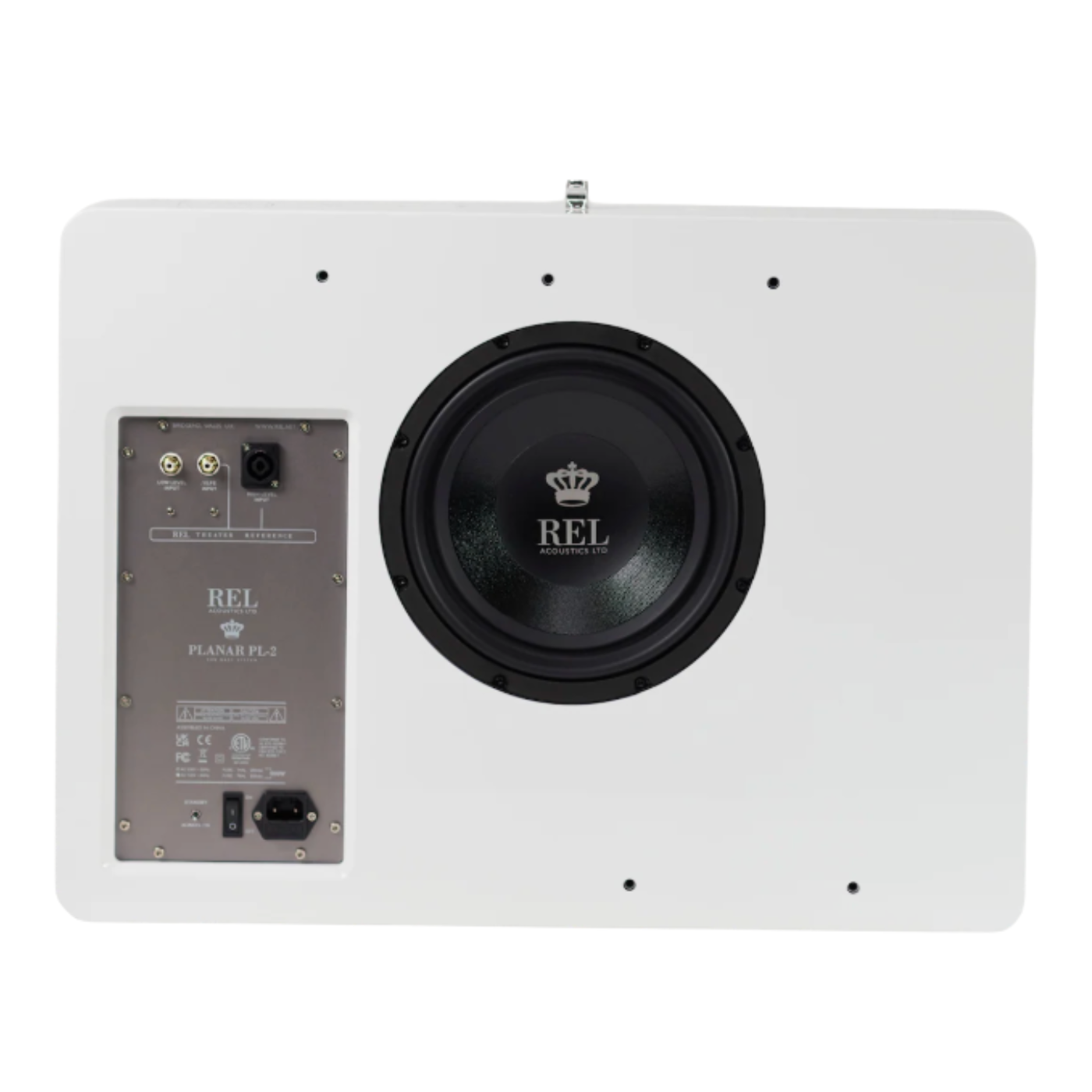 Back view of white REL Planar PL-2 Powered Subwoofer
