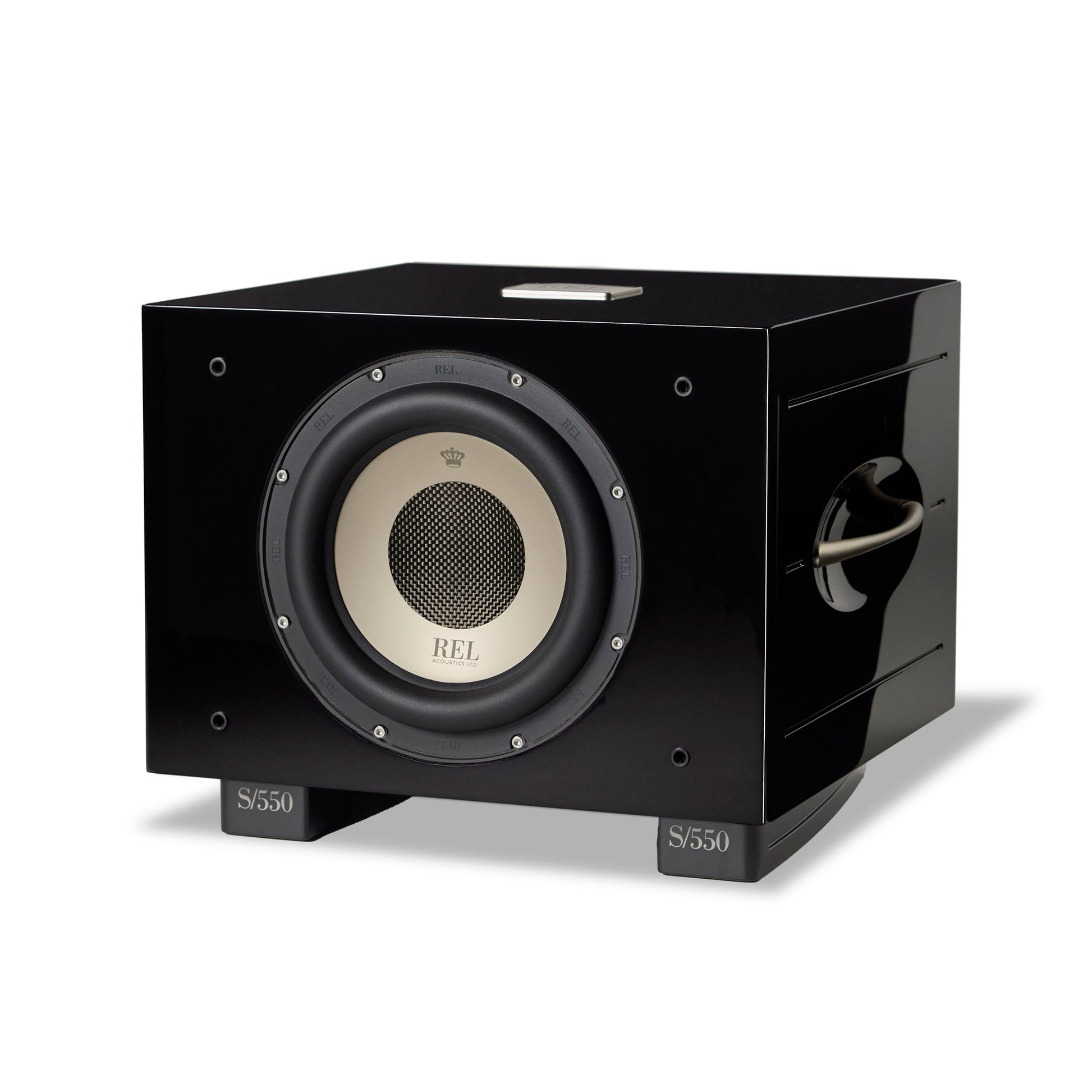 Front angle of black REL S/550 Subwoofer