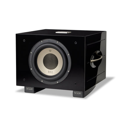 Front angle of black REL S/550 Subwoofer