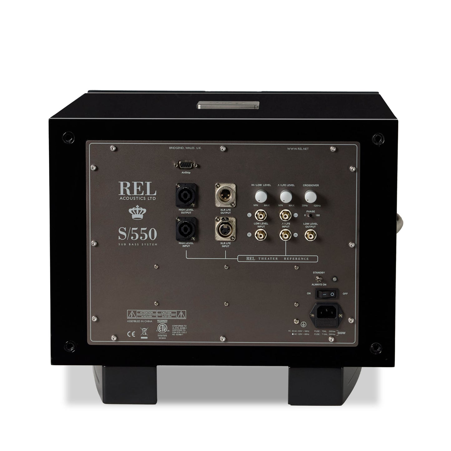 Back panel of a REL S550 speaker on a white background