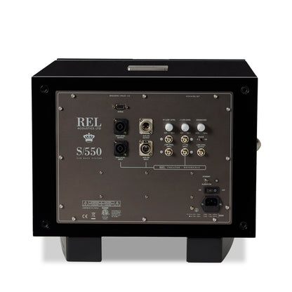 Back panel of a REL S550 speaker on a white background