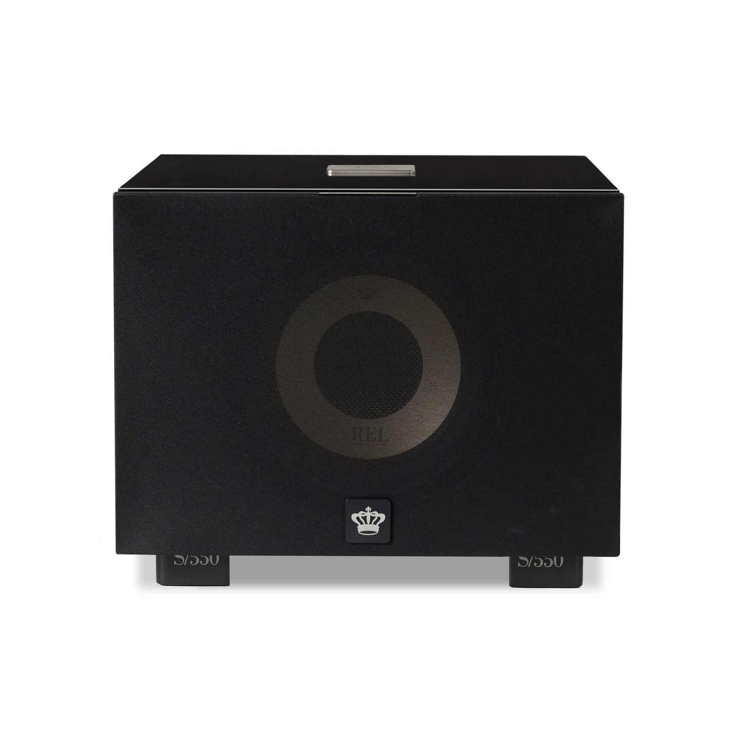 Front of black REL S/550 Subwoofer with cloth grille
