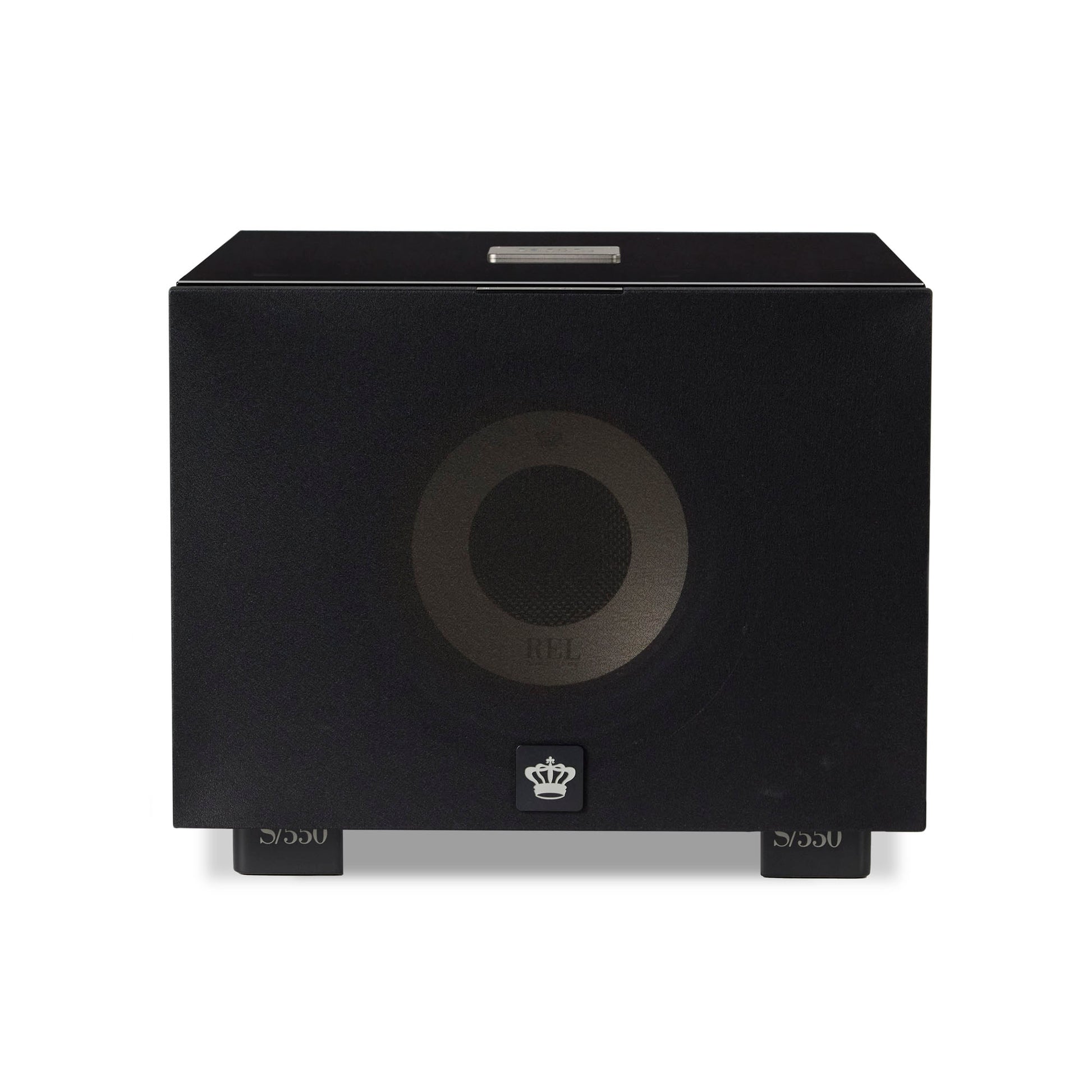 Front of black REL S/550 Subwoofer with cloth grille