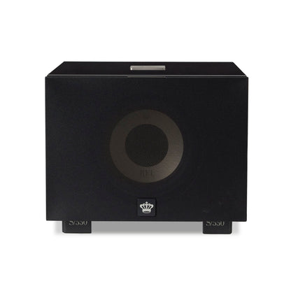 Front of black REL S/550 Subwoofer with cloth grille