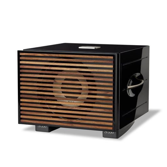 Front angle of black REL S/550 Subwoofer with wood grille