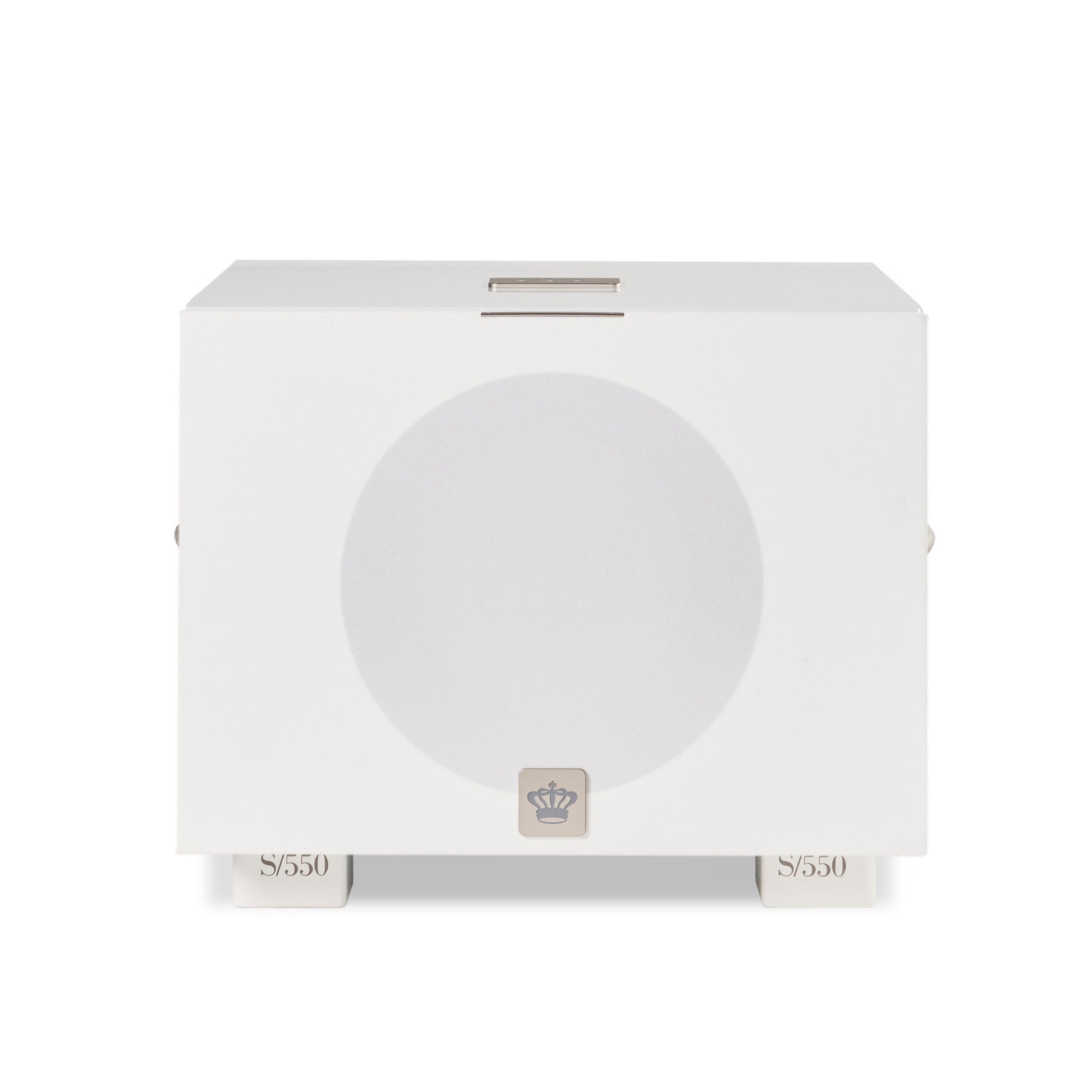 Front of white REL S/550 Subwoofer