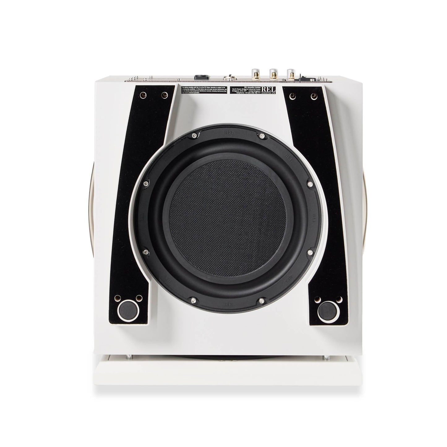 Bottom of white REL S/550 Subwoofer