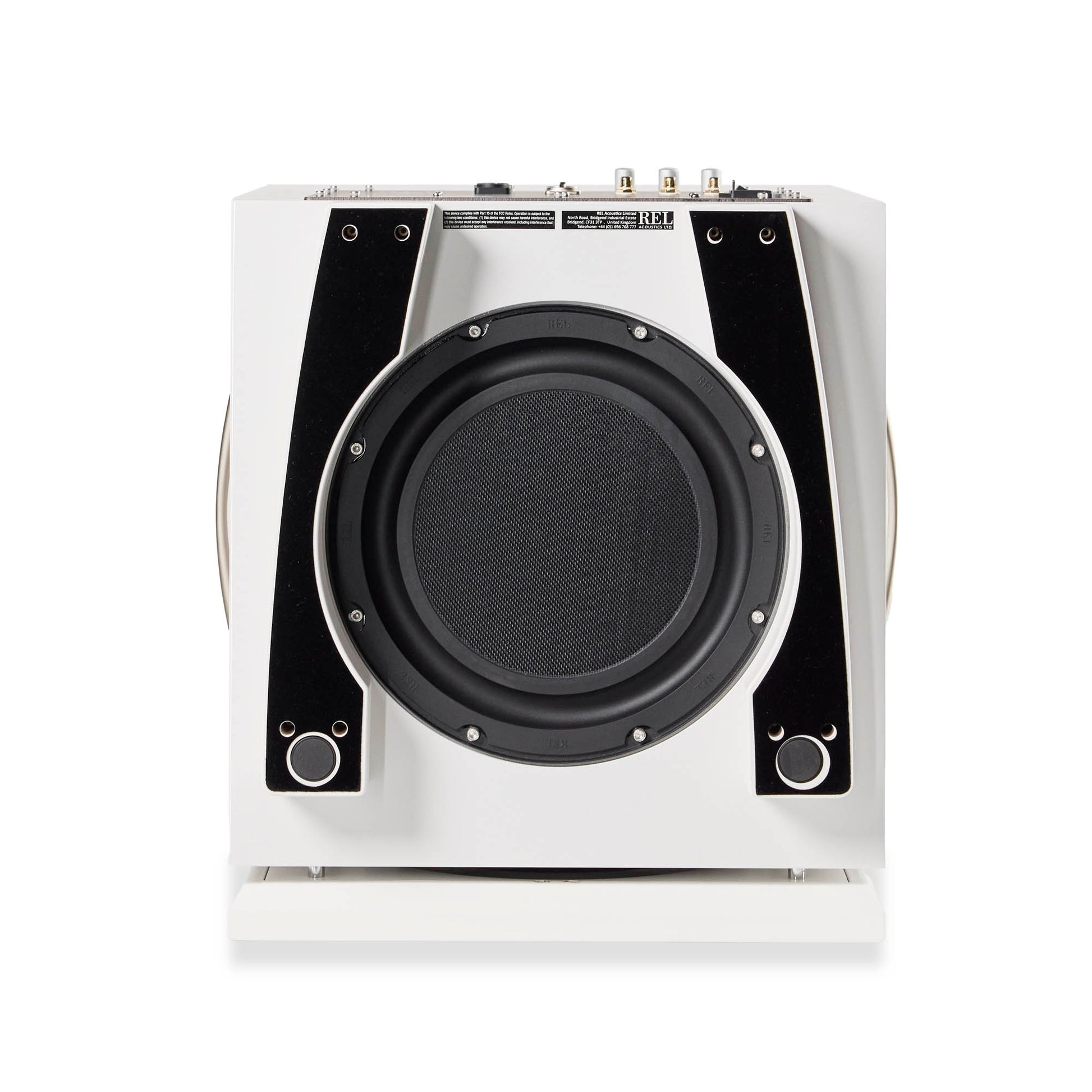 Bottom of white REL S/550 Subwoofer