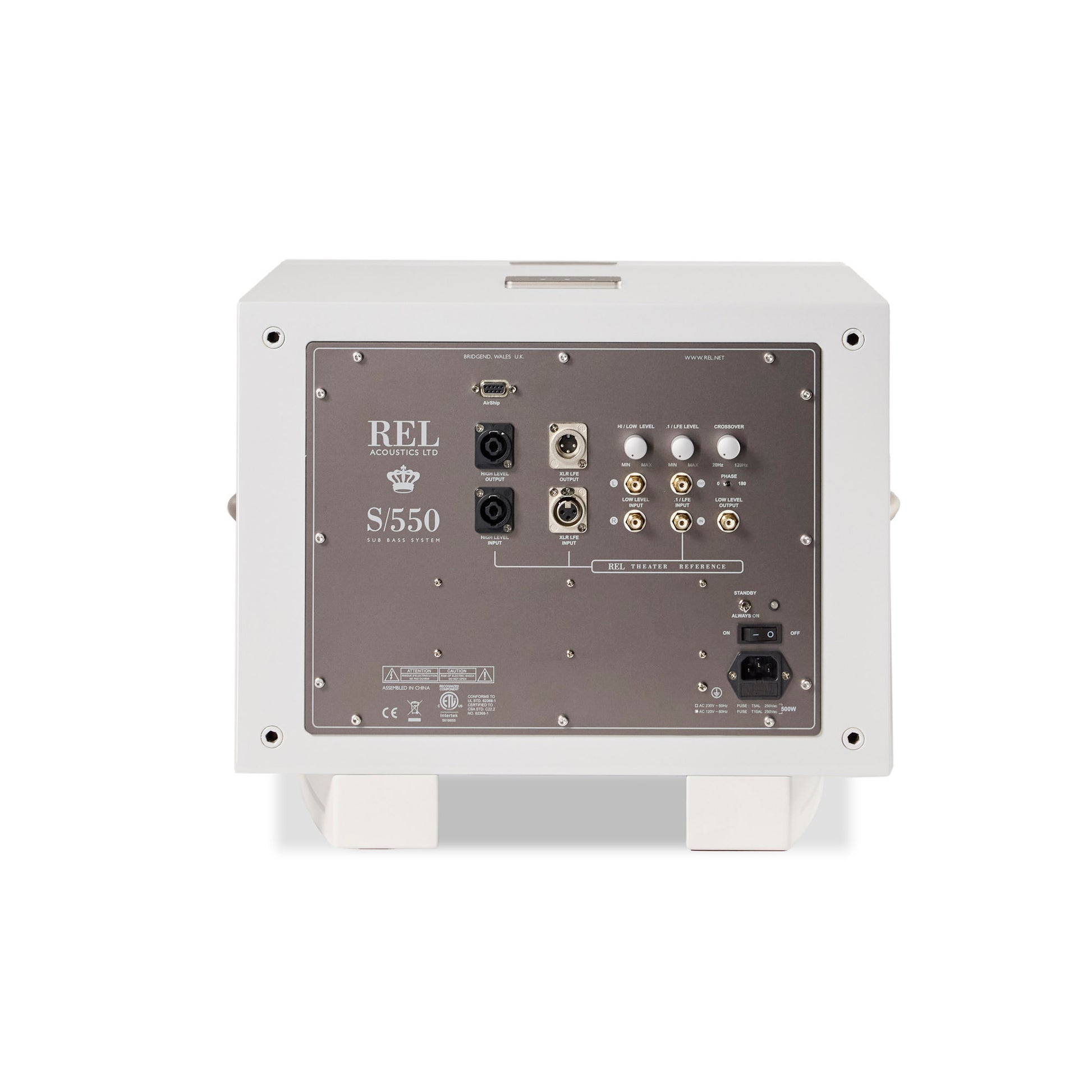 Back panel of a REL S550 speaker on a white background