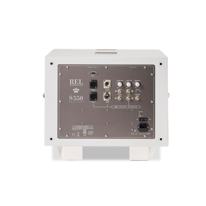 Back panel of a REL S550 speaker on a white background