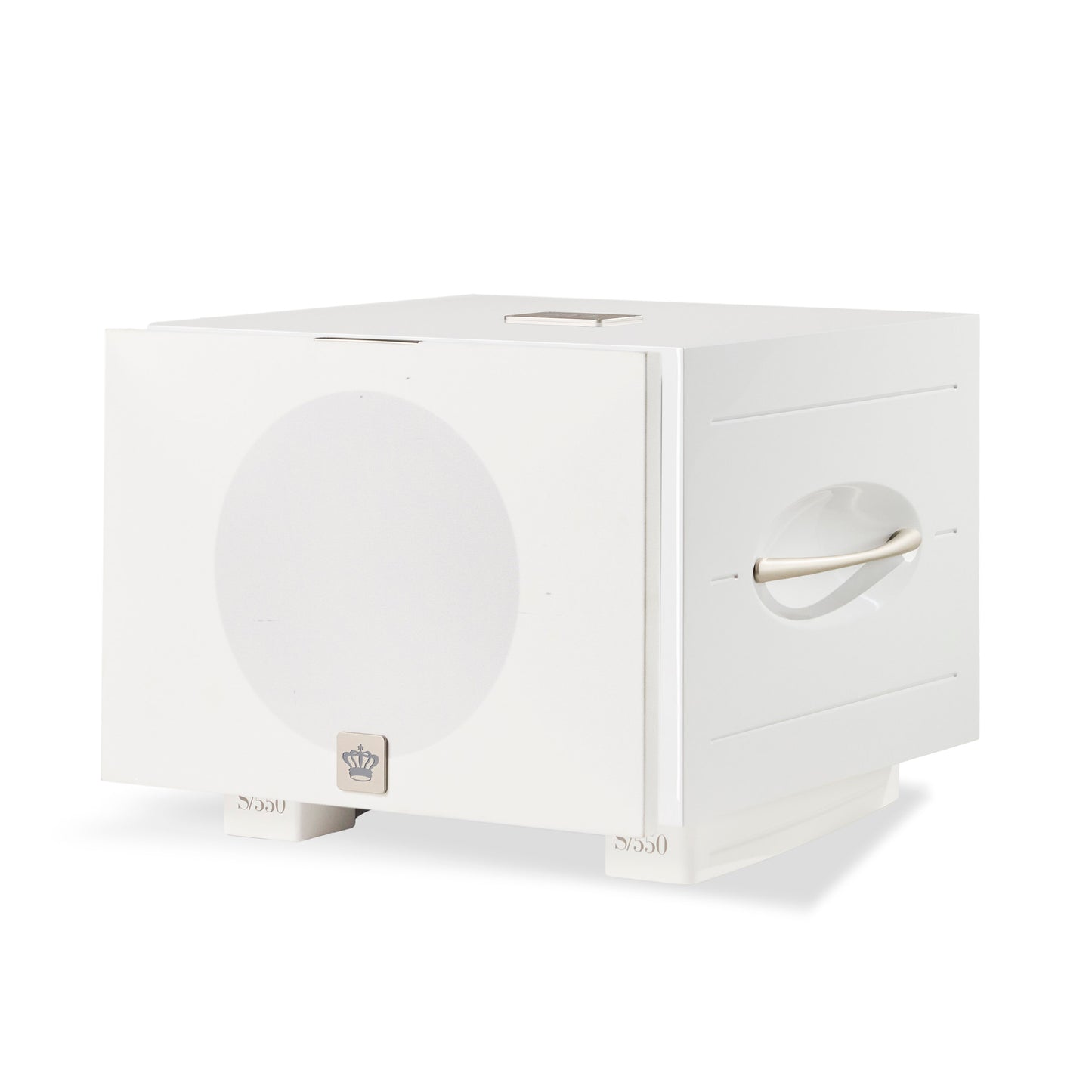 Front angle of white REL S/550 Subwoofer
