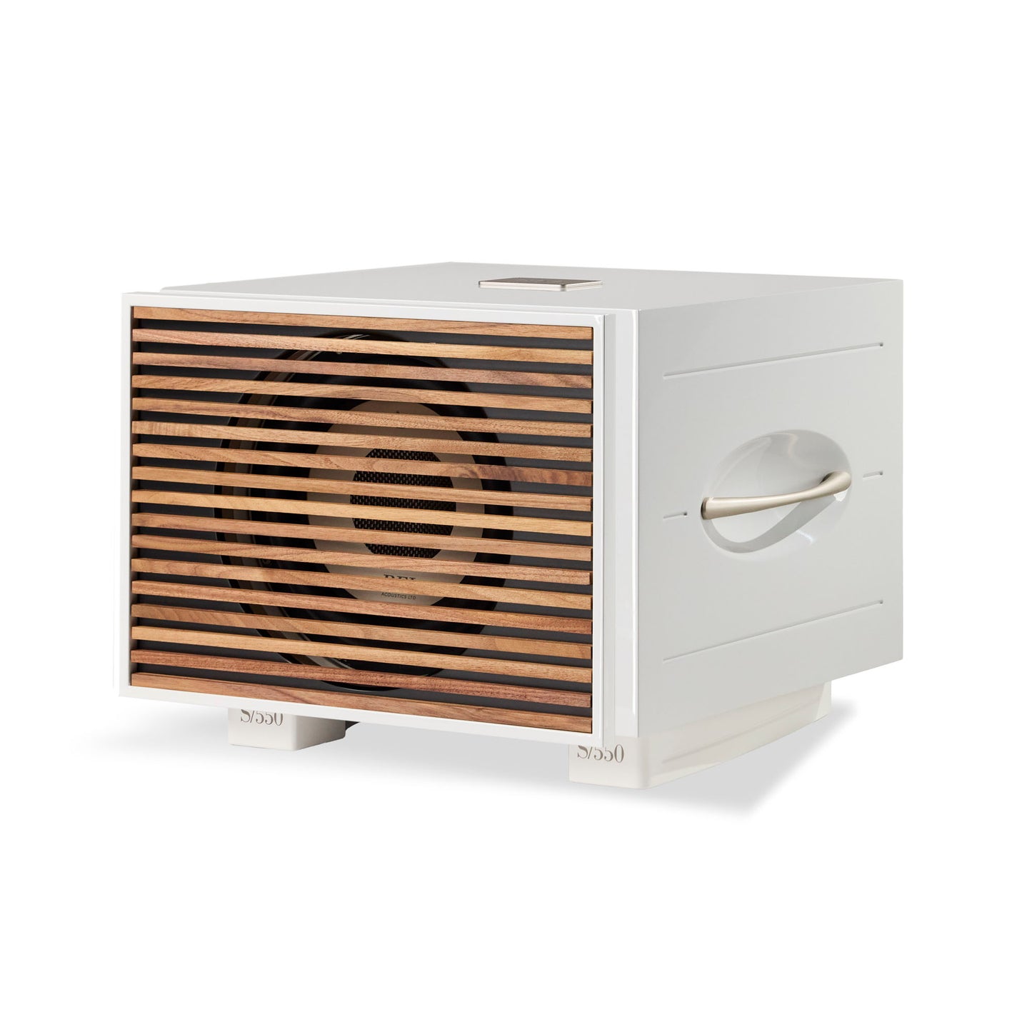 Front angle of white REL S/550 Subwoofer with wood grille