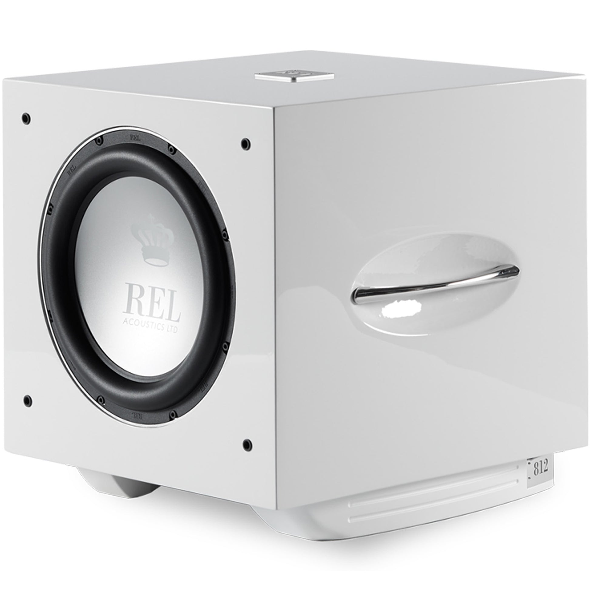 REL S/812 Powered Subwoofer in Gloss White - Front grille cover removed