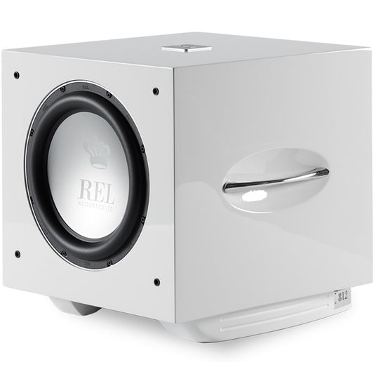 REL S/812 Powered Subwoofer in Gloss White - Front grille cover removed