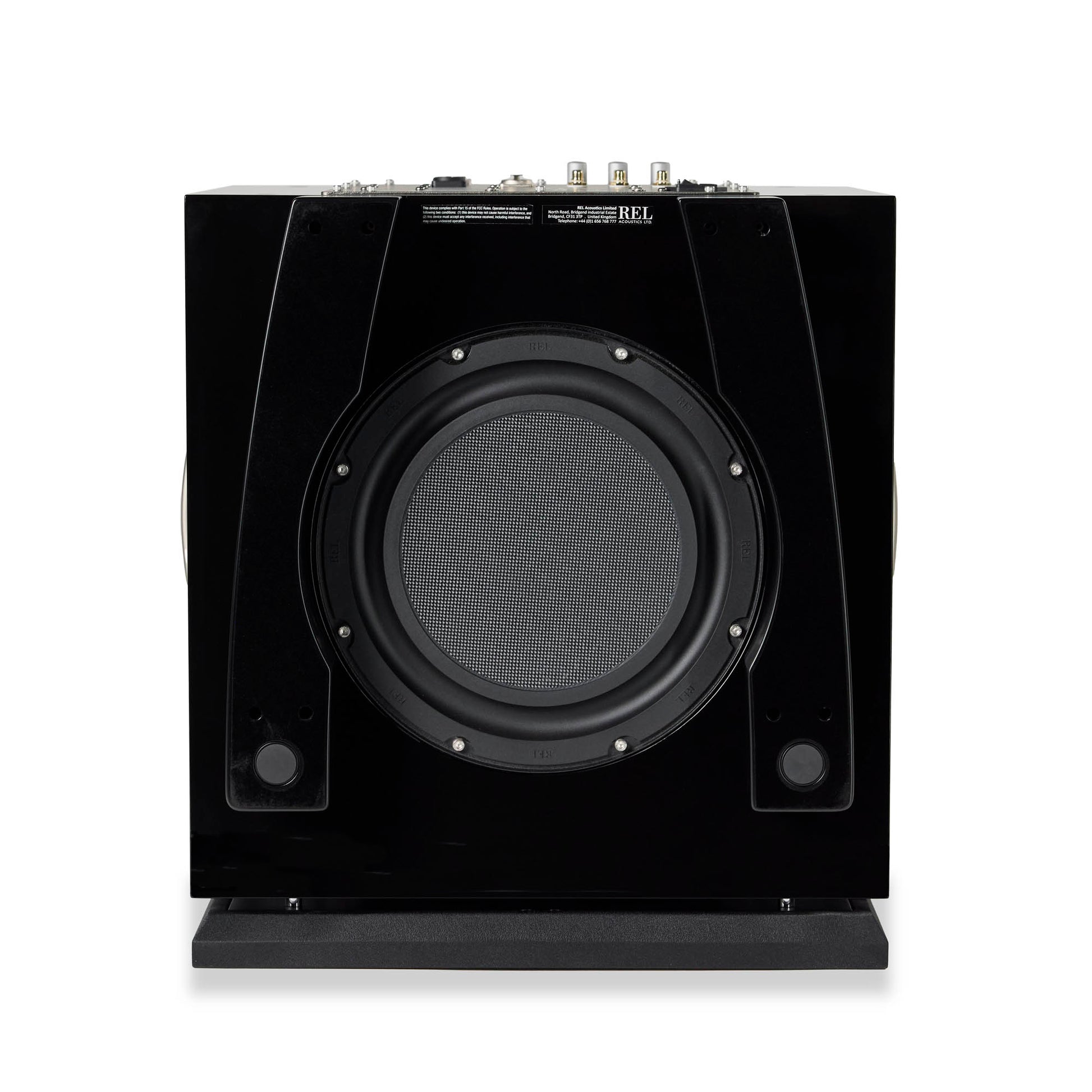 Bottom of black REL S/850 Subwoofer