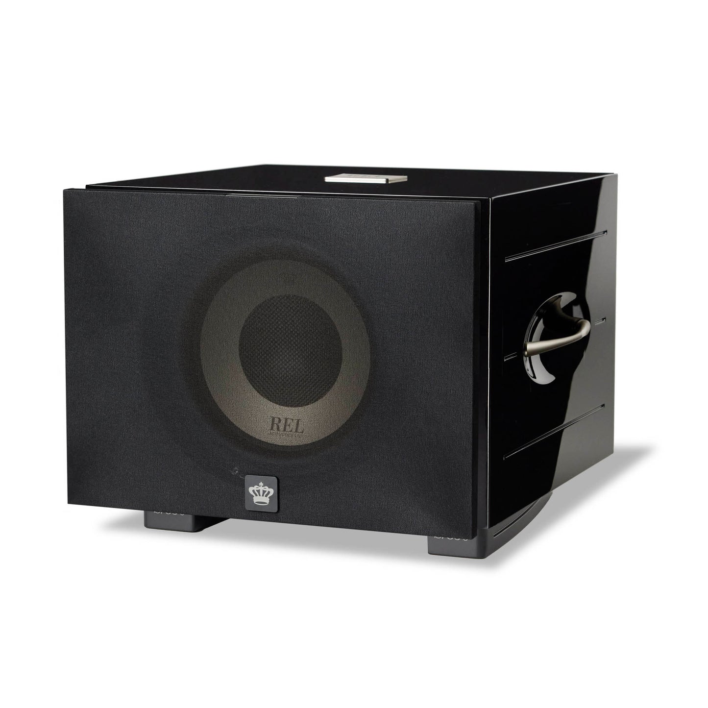 Front angle of black REL S/850 Subwoofer with cloth grille on