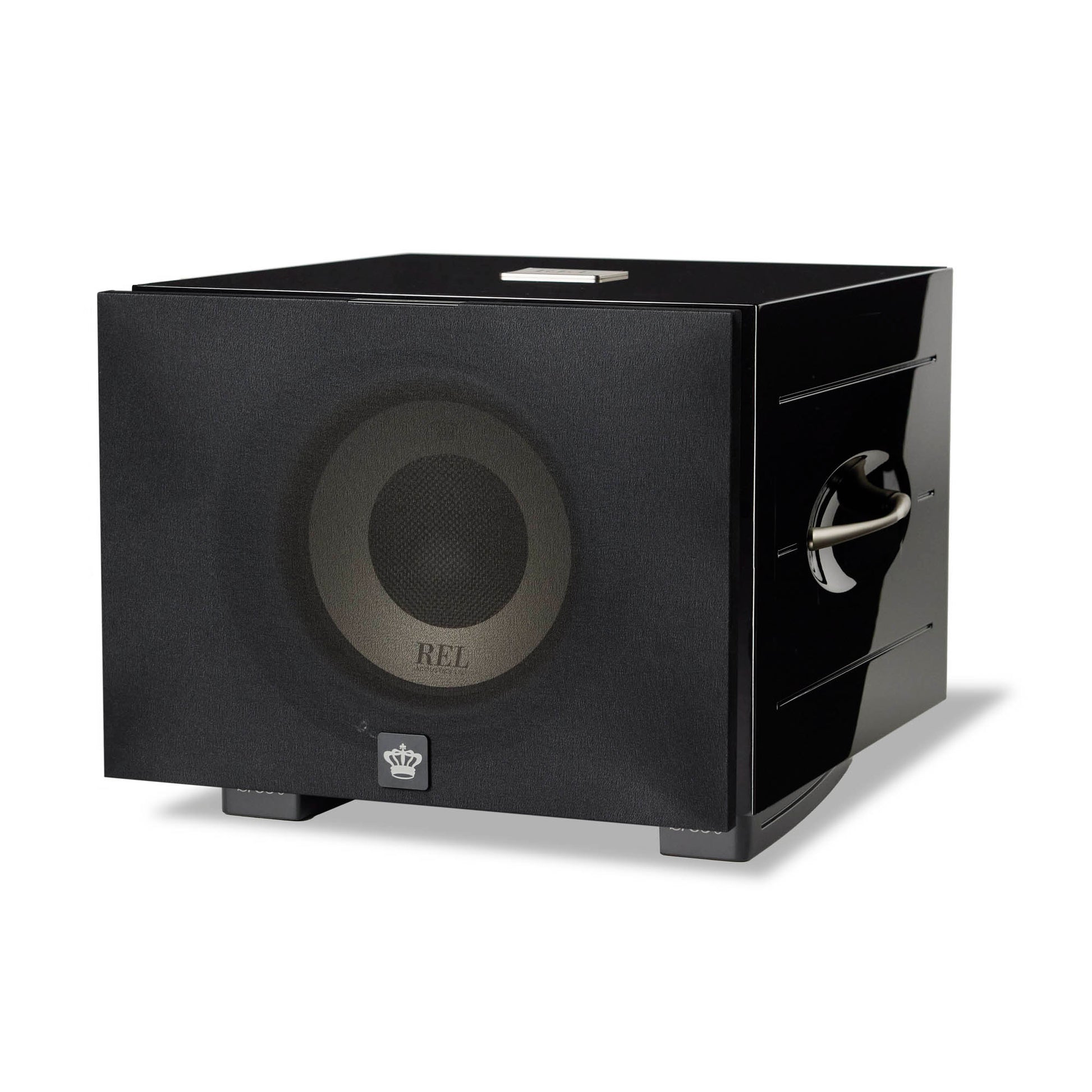 Front angle of black REL S/850 Subwoofer with cloth grille on