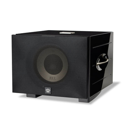 Front angle of black REL S/850 Subwoofer with cloth grille on