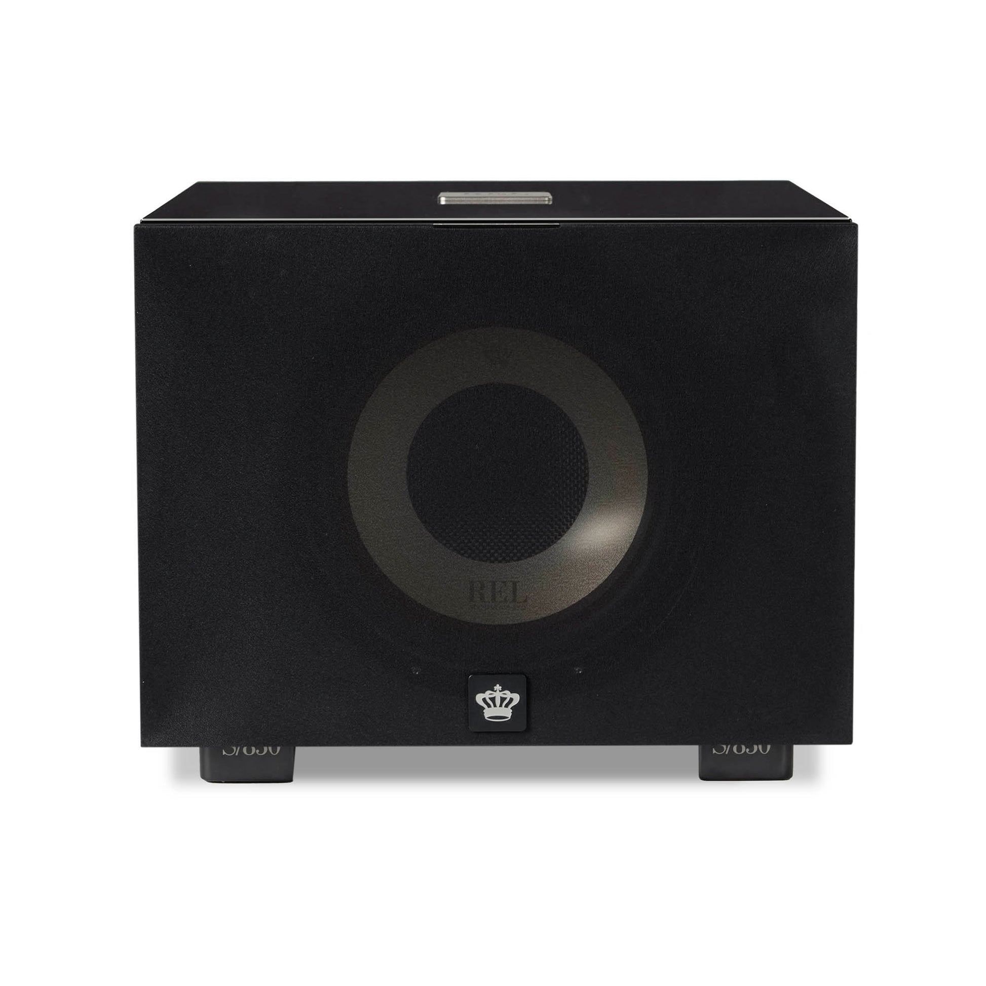 Front of black REL S/850 Subwoofer with cloth grille