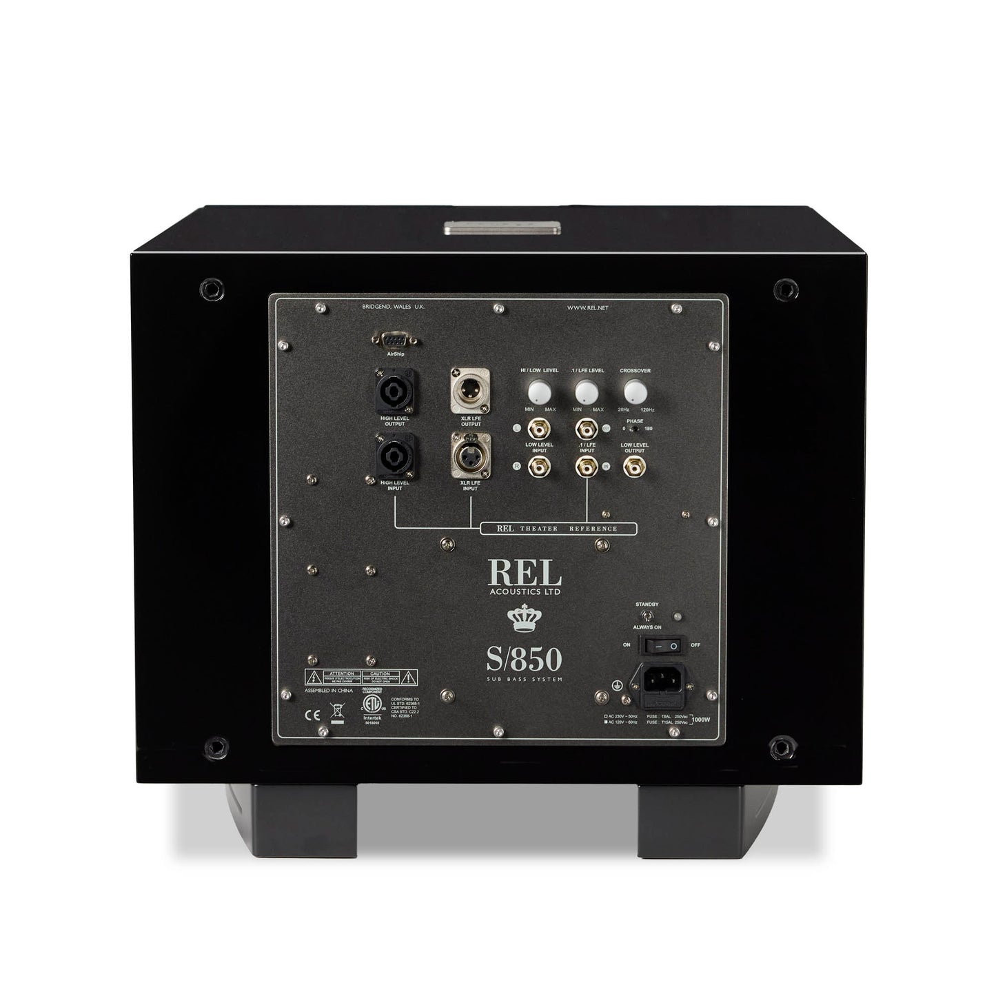 Back of black REL S/850 Subwoofer