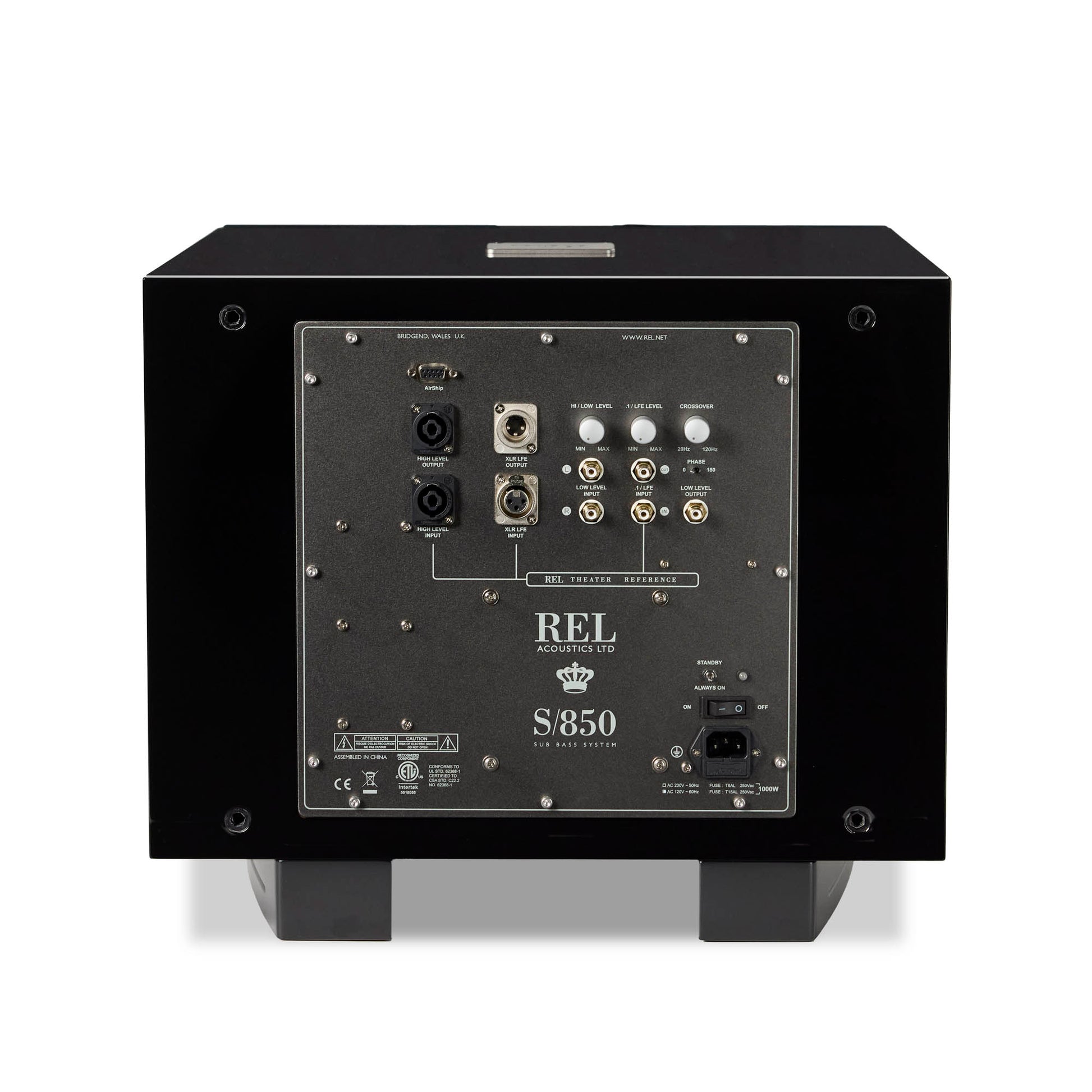 Back of black REL S/850 Subwoofer