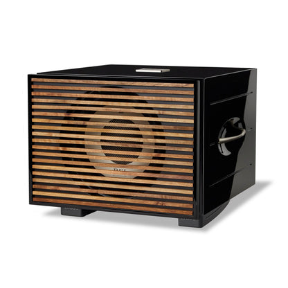 Front angle of black REL S/850 Subwoofer with wood grille