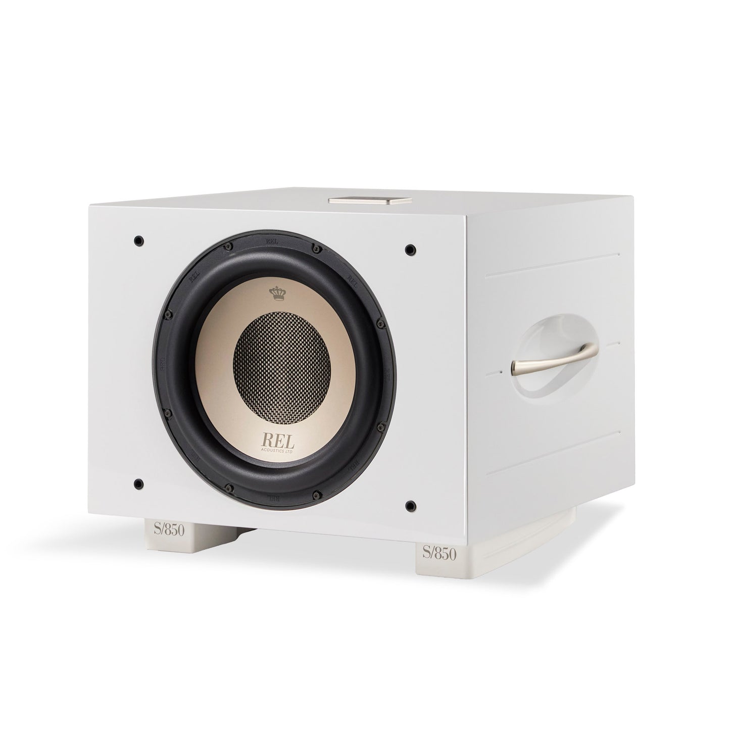 Front angle view of white REL S/850 Subwoofer