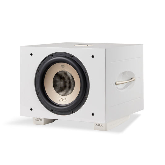 Front angle view of white REL S/850 Subwoofer