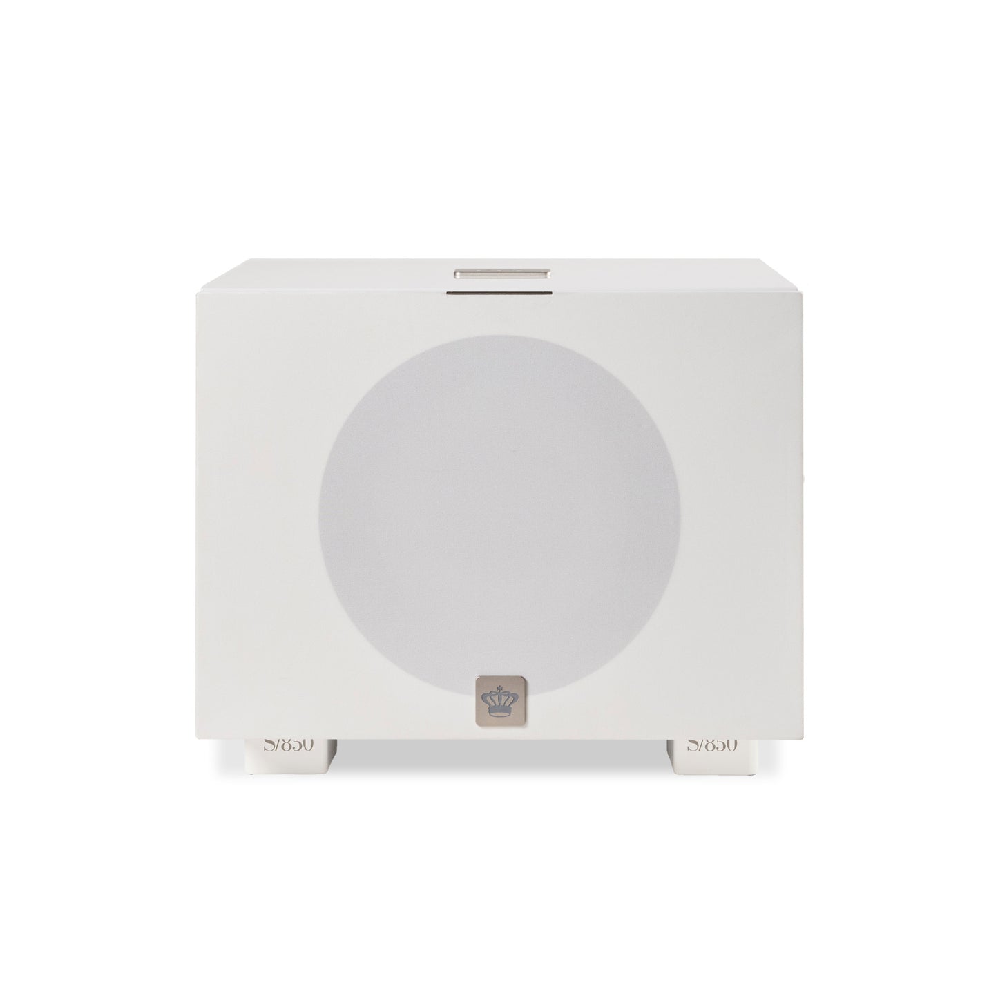 Front view of white REL S/850 Subwoofer with cloth grille on