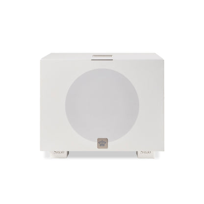 Front view of white REL S/850 Subwoofer with cloth grille on
