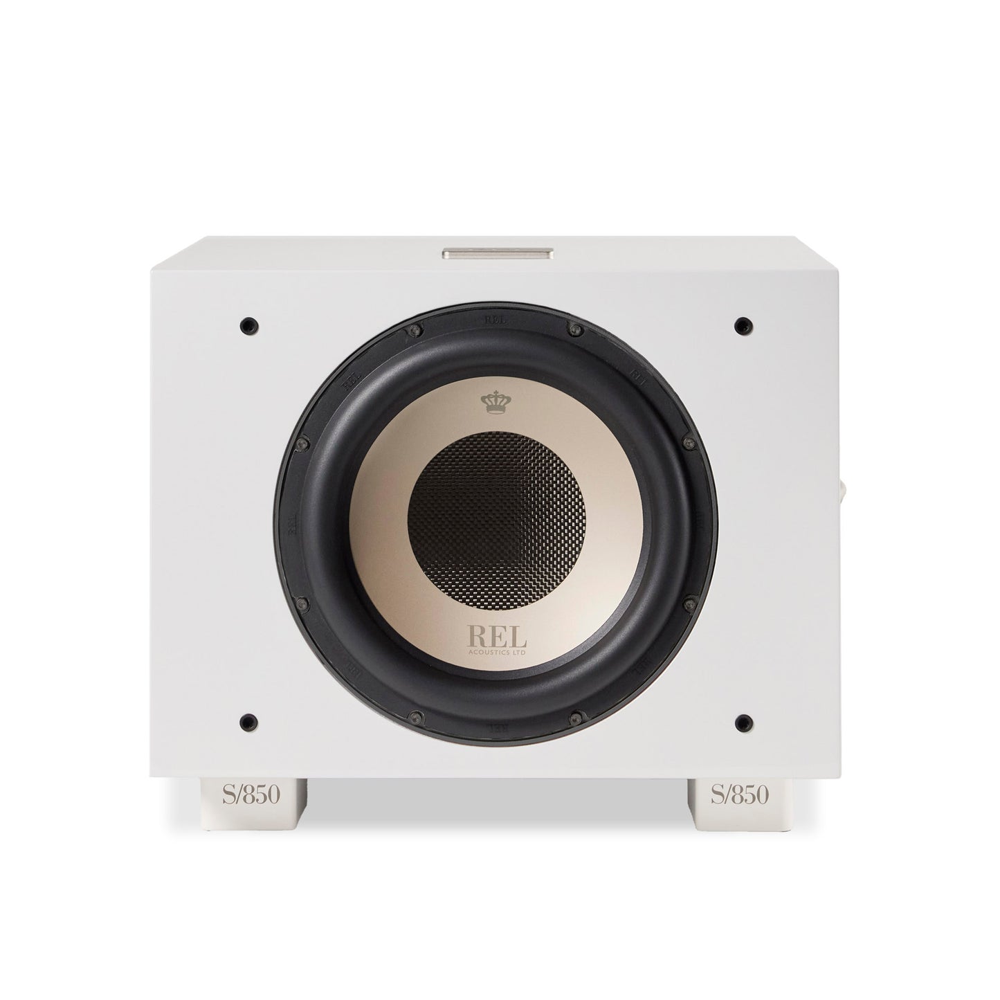 Front view of white REL S/850 Subwoofer