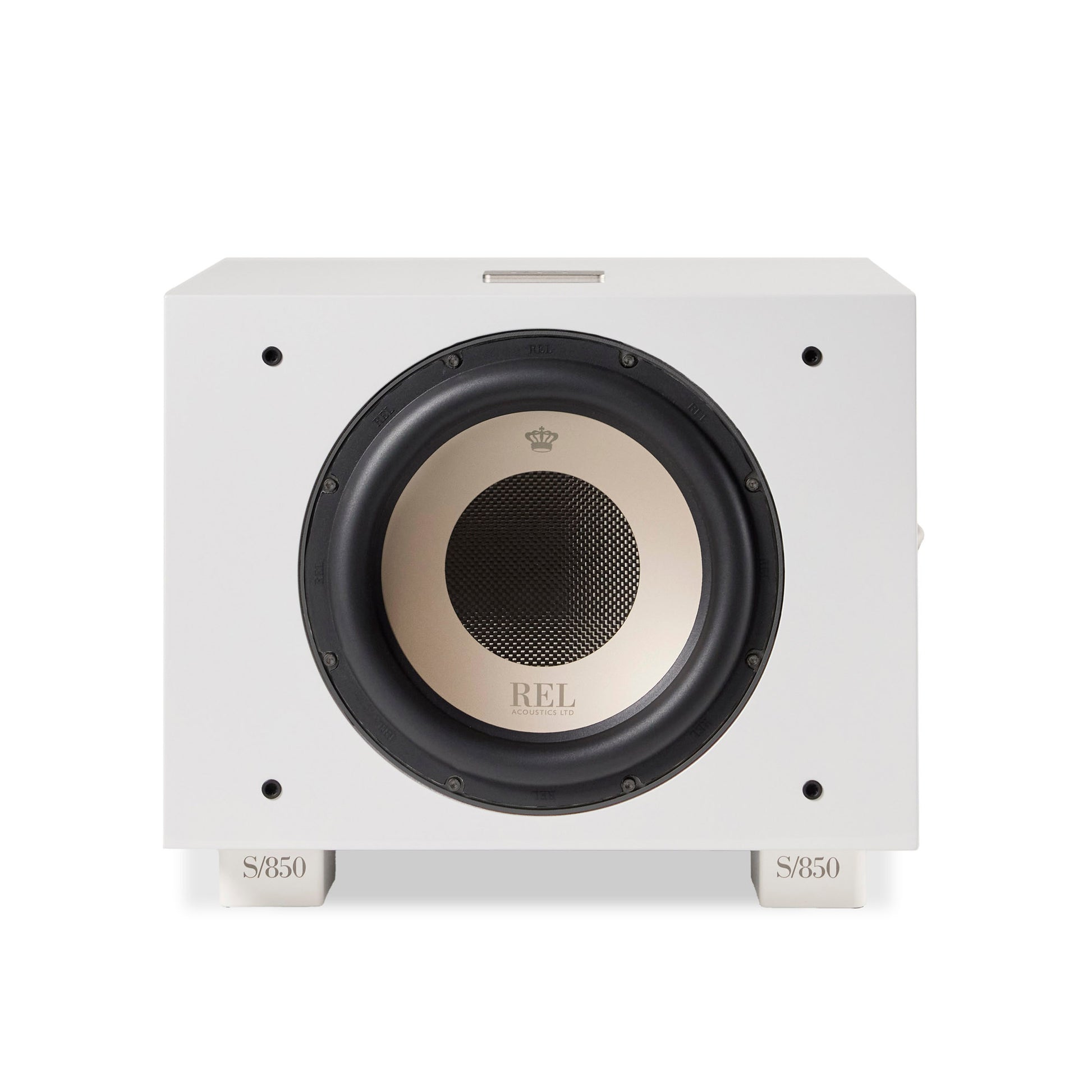 Front view of white REL S/850 Subwoofer