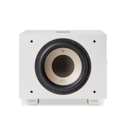 Front view of white REL S/850 Subwoofer