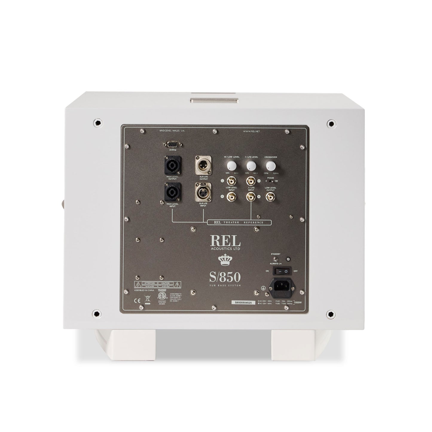 Back panel of a REL S850 speaker on a white background